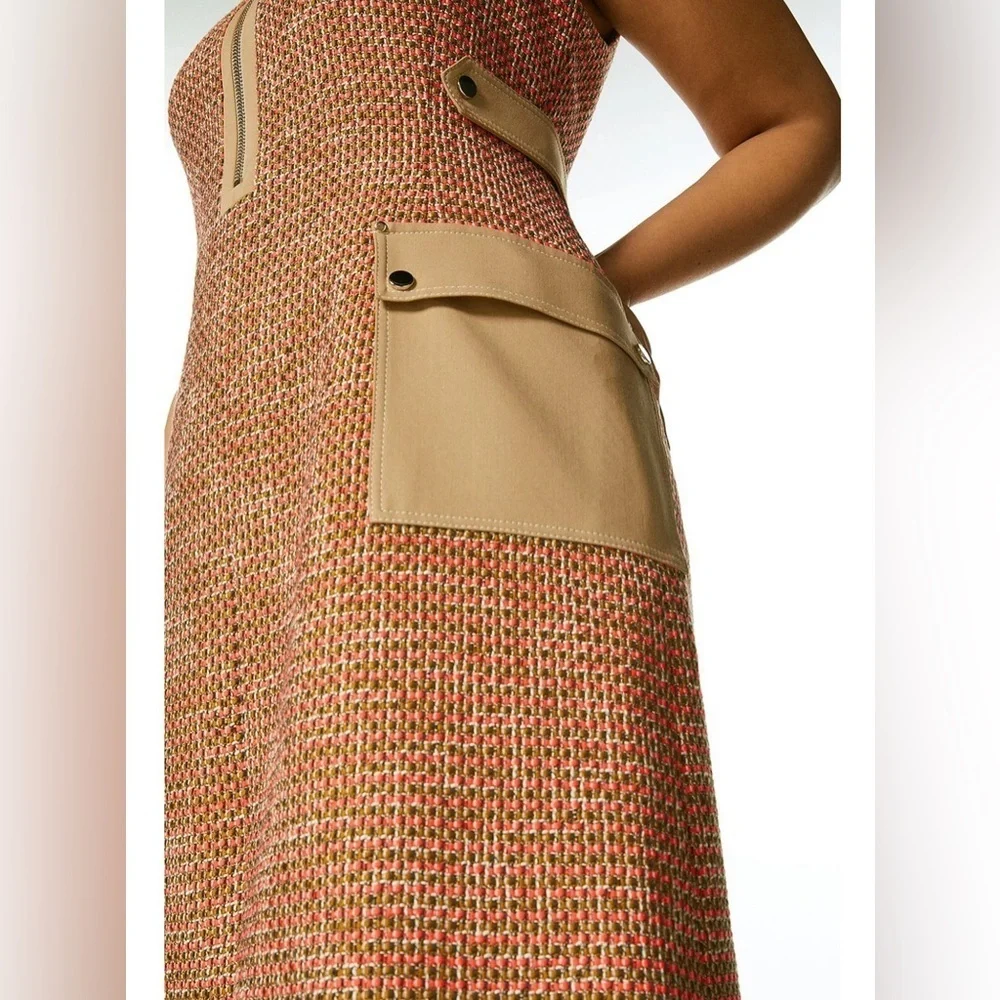 NWT Karen Millen Tweed And Contrast Pocket A Line Mini Dress Tan and Orange 10 - Picture 4 of 13
